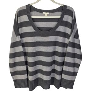 Eileen Fisher Linen Gray Striped Scoop Neck Drop Shoulder Knit Sweater Sz L